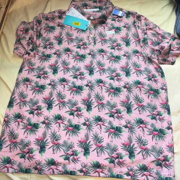 Caribbean Other - NWT Caribbean Isle Breeze Performance Flamingo Palm Polo Shirt Mens XL Tropical